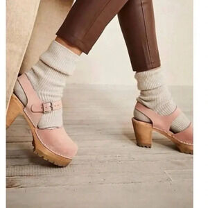 New Free People x MIA Abby Clogs Leather Wooden Heeled Suede Pink Womens 9